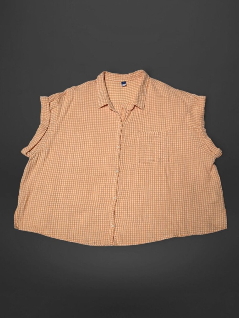 Old Navy Orange Short-Sleeve Oversized Cropped Crinkled Gingham Button Up Shirt